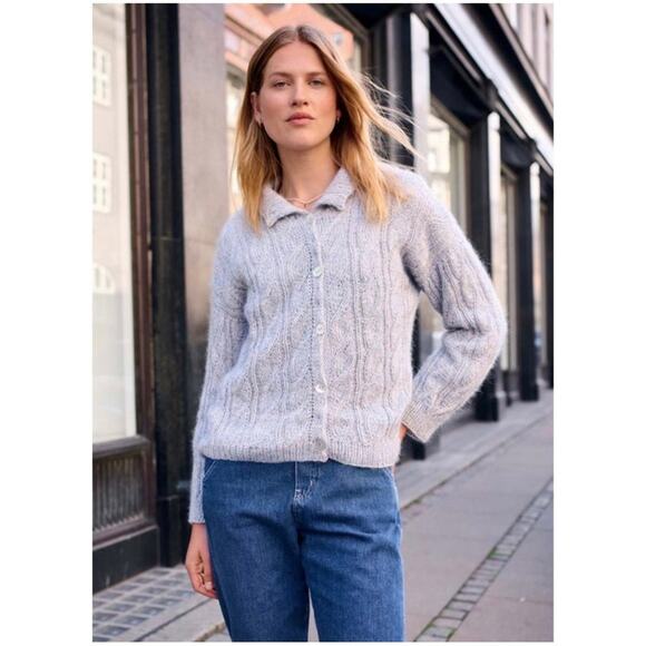 Kenar Women’s Sz XL Gray Angora Cardigan Sweater Cable Knit Button Front - Picture 1 of 12